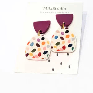 Close-up of handmade round checkered earrings showing the vibrant colours and detailed pattern.