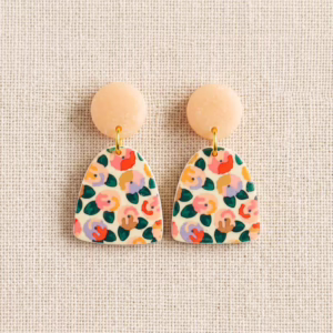 Handmade pink floral polymer clay arch earrings size guide 1.5 inch length 1 inch width lightweight boho statement jewellery